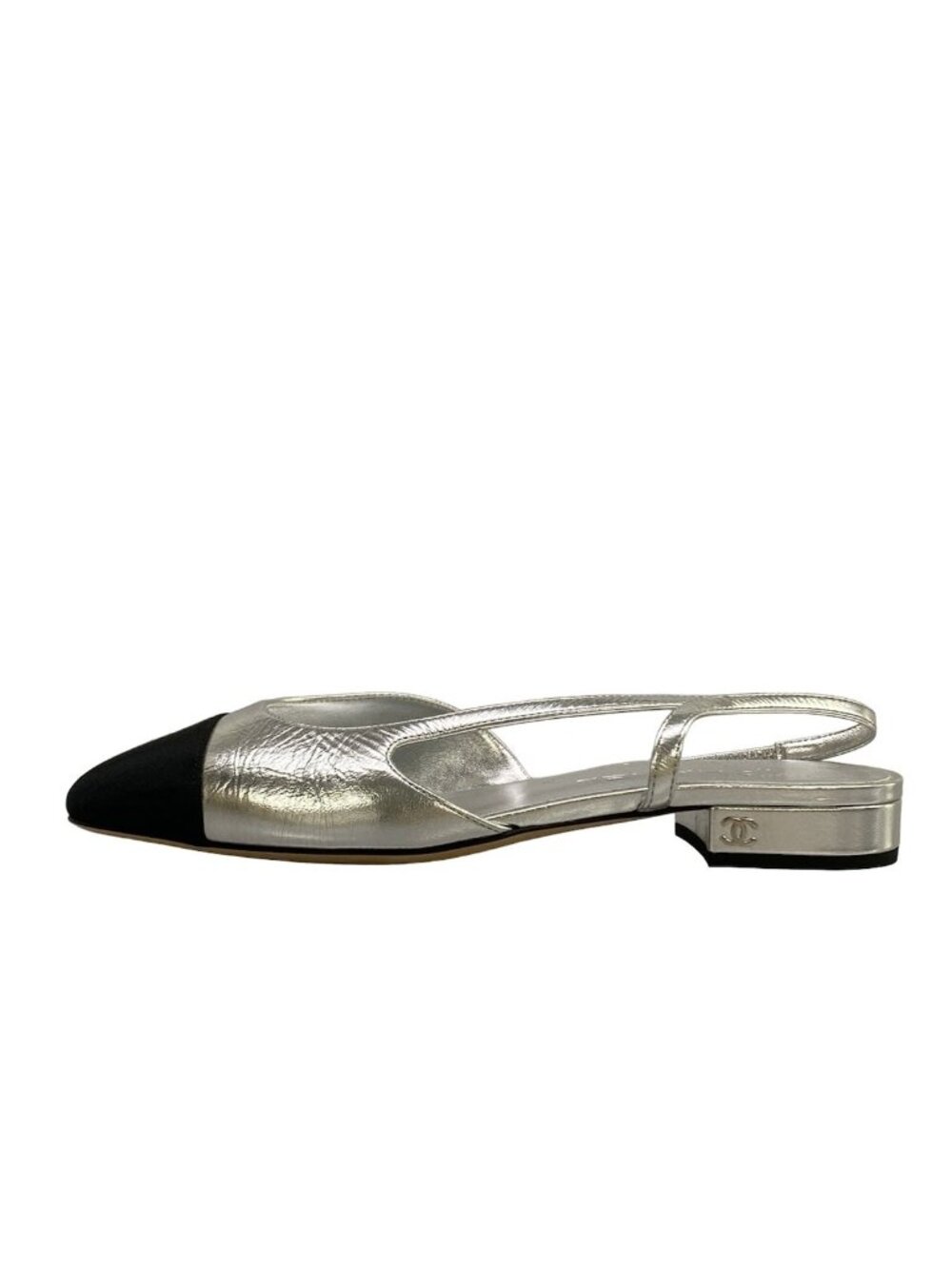 Chanel Sandals 38c Slingback Shoes Silver Black Belt Leather